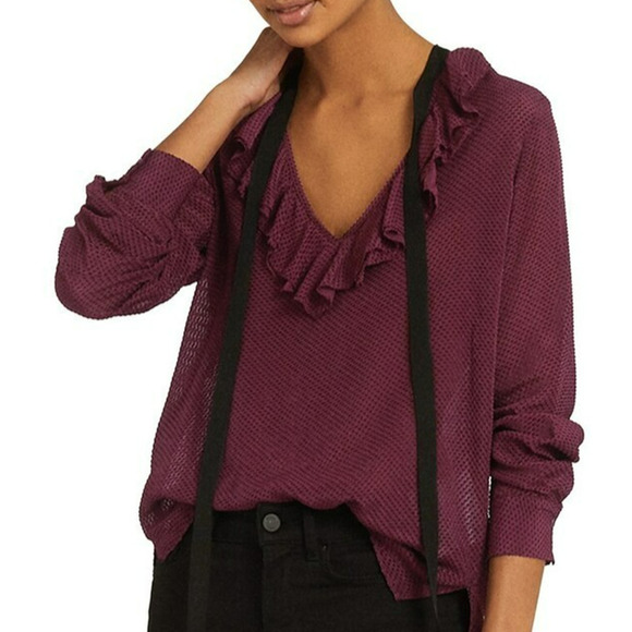 Reiss Swiss Dot Ruffle V-Neck Top Size 6 Berry Silk Blend Tie Neck Long Sleeves - Picture 1 of 9